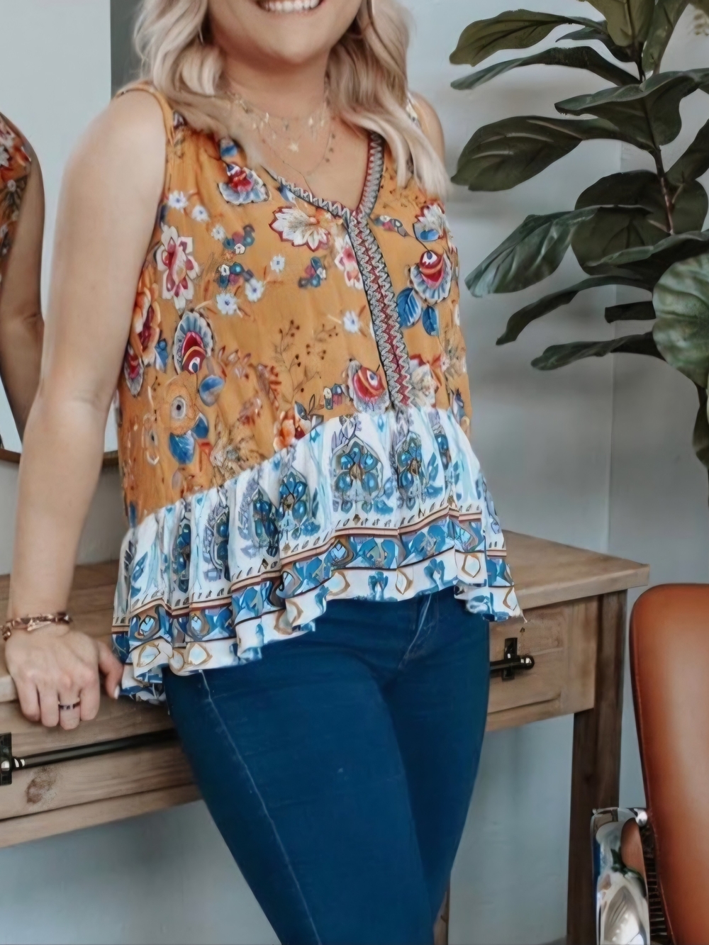 Patrons Of Peace Boho Floral Ruffled Tank Top in Mustard and Blue High Low